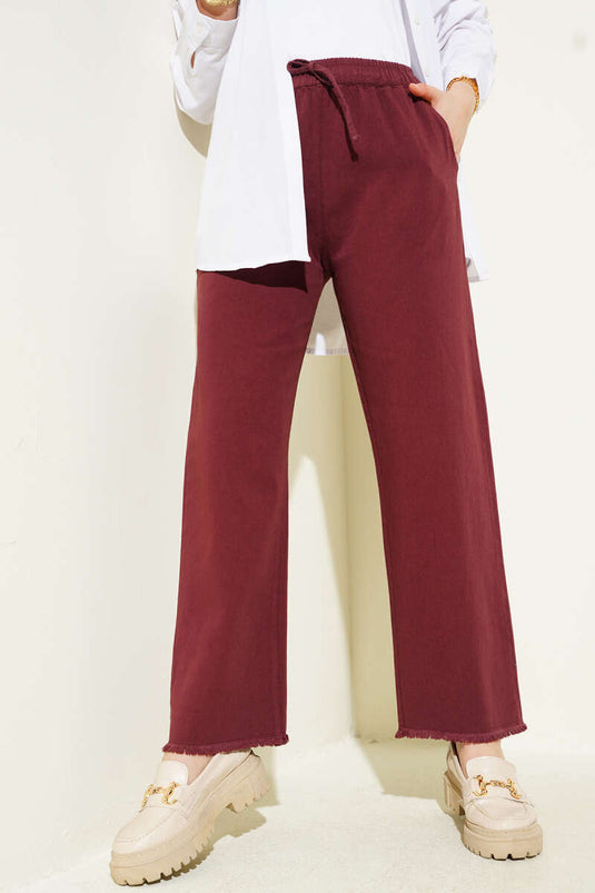 Elastic Waist Tassel Leg Gabardine Trousers Burgundy