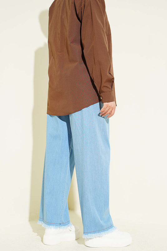 Jean à bas resserré avec pompons et taille élastique, bleu jean