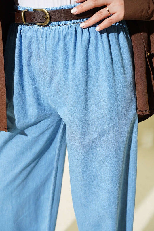 Jean à bas resserré avec pompons et taille élastique, bleu jean