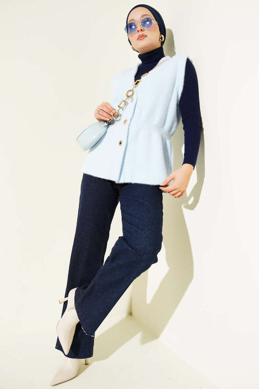 Elastic Waistband Bearded Knit Vest Baby Blue