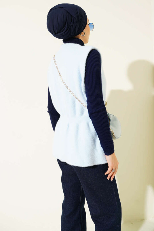 Elastic Waistband Bearded Knit Vest Baby Blue