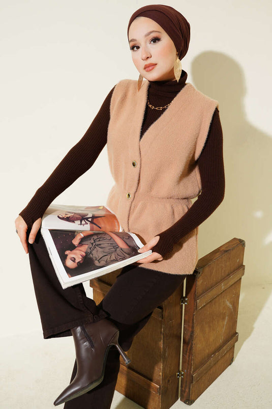 Gilet en tricot à barbe avec ceinture élastique Camel