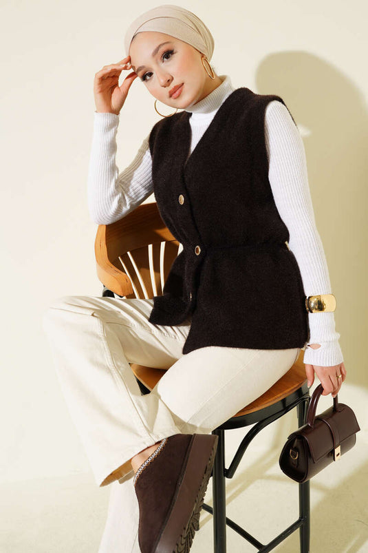 Gilet en tricot à barbe avec ceinture élastique, marron