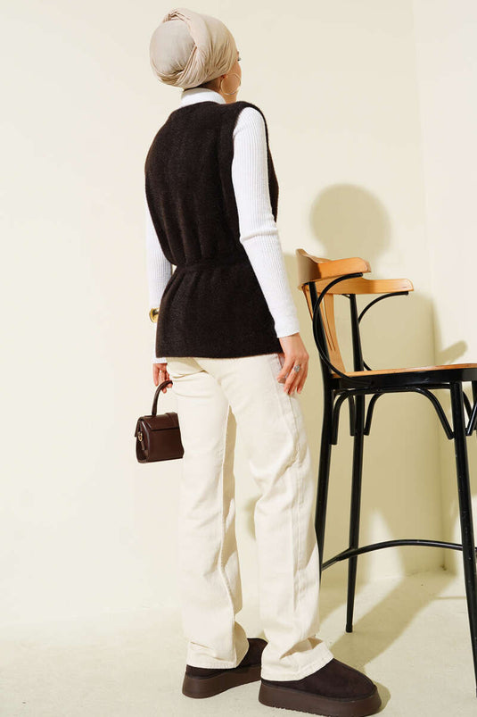 Gilet en tricot à barbe avec ceinture élastique, marron