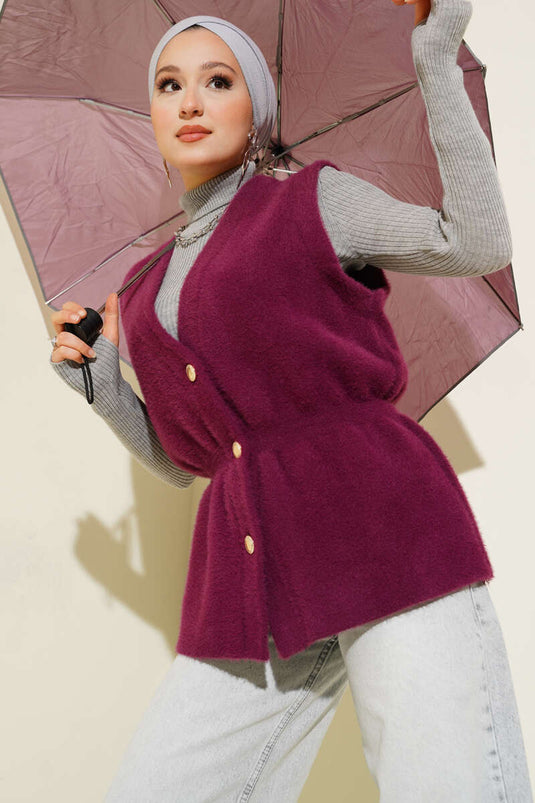 Gilet en tricot à barbe avec ceinture élastique Prune