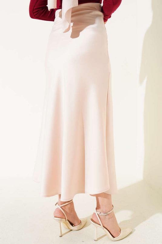 Elastic Waist Satin Skirt Beige