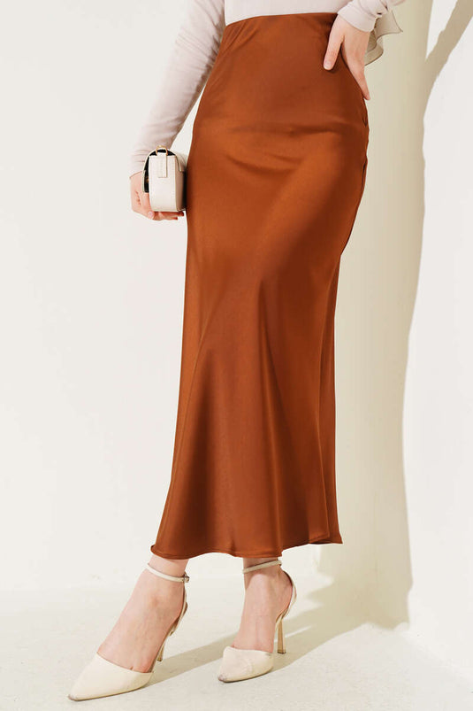 Satin Skirt with Elastic Waistband Brown