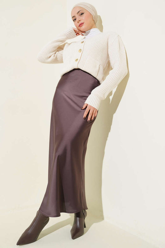 Dark Brown Satin Skirt with Elastic Waistband