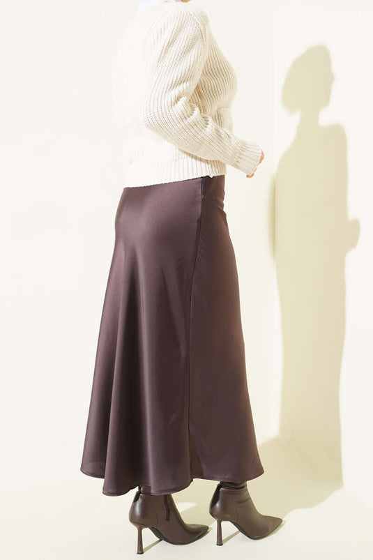 Dark Brown Satin Skirt with Elastic Waistband