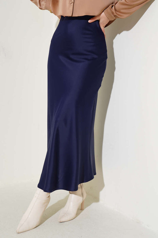 Jupe en satin avec ceinture élastique bleu marine