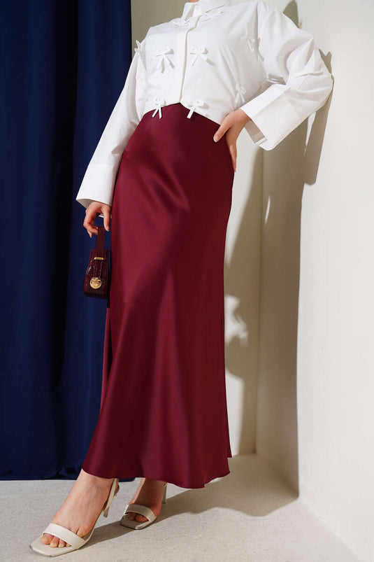 Elastic Waist Satin Flared Skirt Burgundy