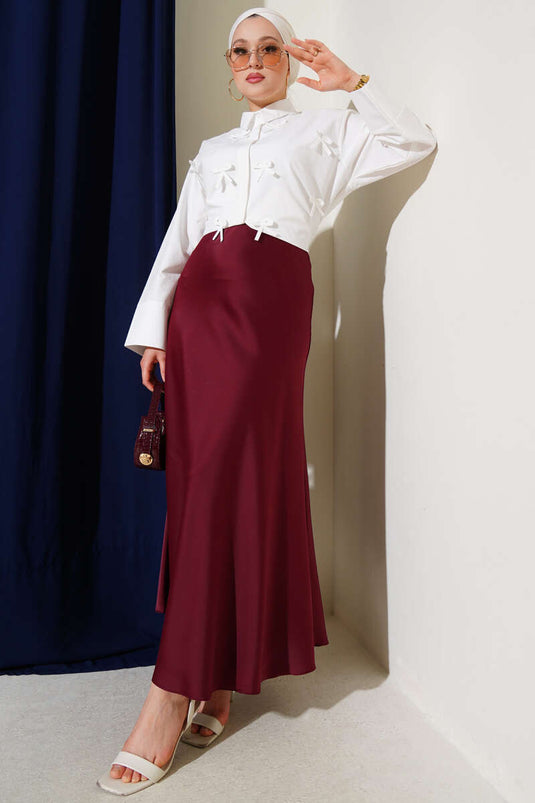Elastic Waist Satin Flared Skirt Burgundy