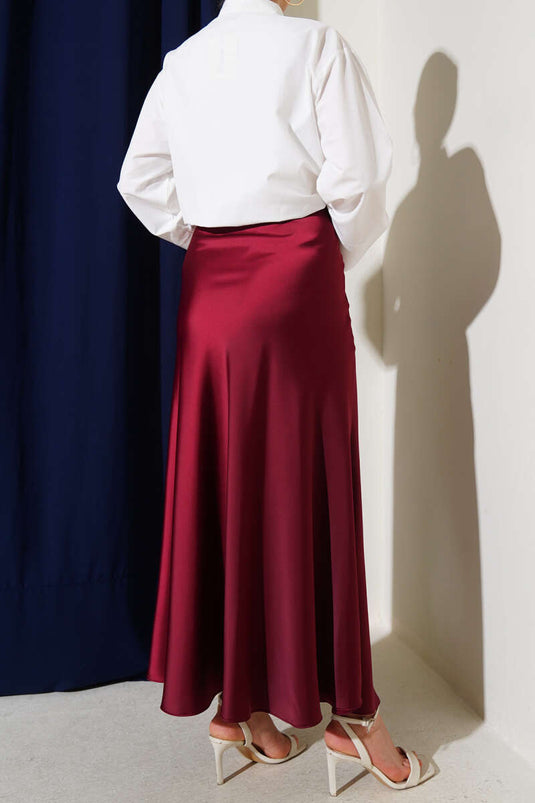 Elastic Waist Satin Flared Skirt Burgundy