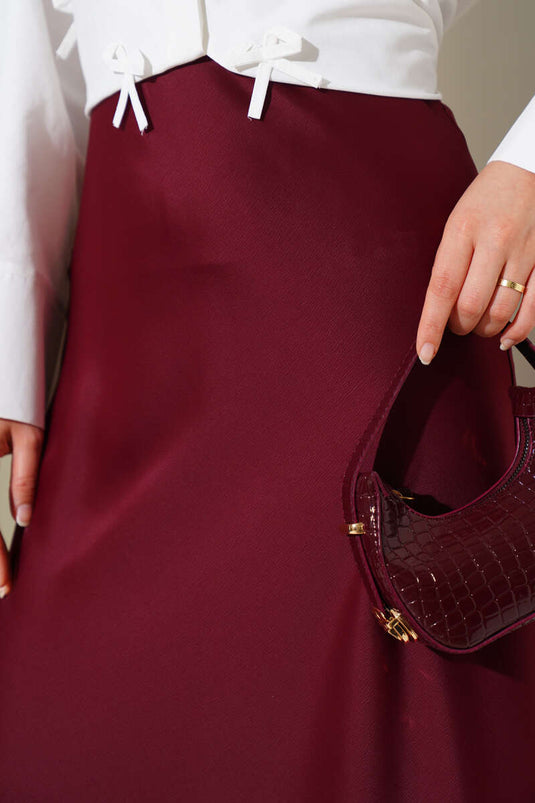 Elastic Waist Satin Flared Skirt Burgundy