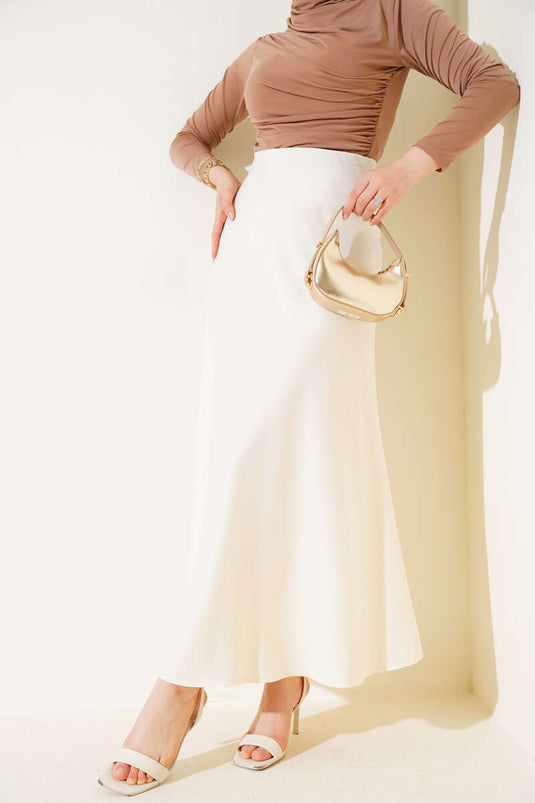 Elastic Waist Satin Flared Skirt Cream