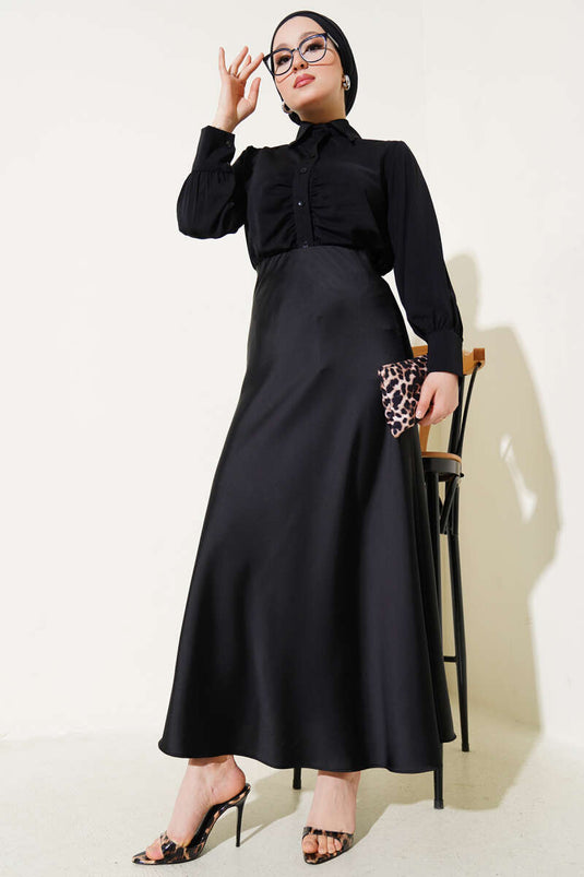 Bel Lastikli Saten Kloş Etek Siyah