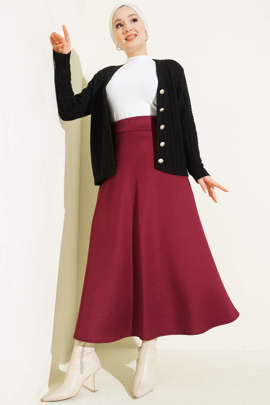 Jupe cloche en scuba avec ceinture élastique bordeaux