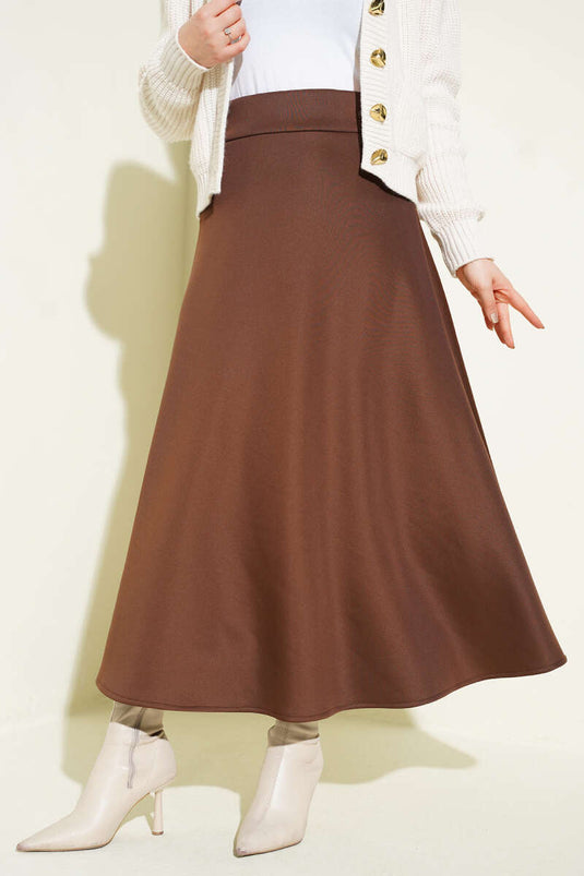 Jupe cloche en scuba avec ceinture élastique marron