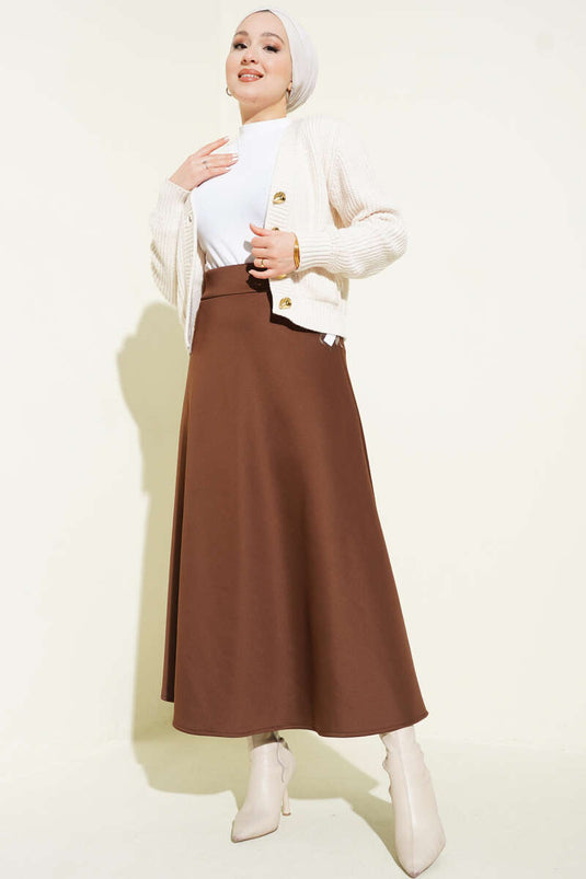 Jupe cloche en scuba avec ceinture élastique marron