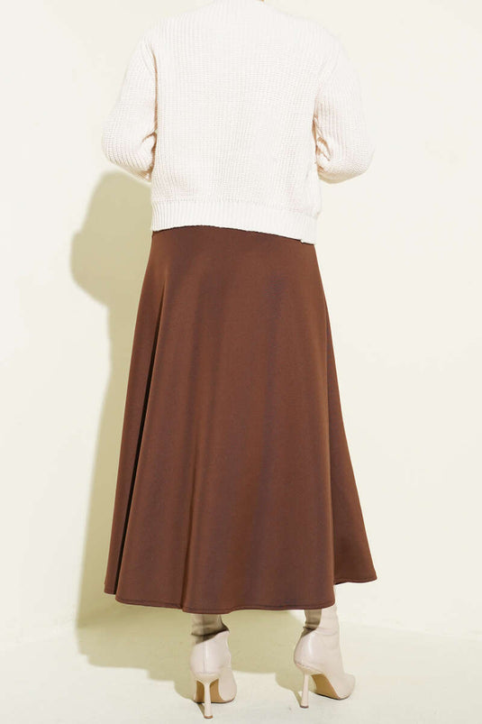 Jupe cloche en scuba avec ceinture élastique marron