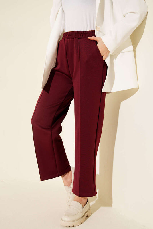 Scuba Pants with Elastic Waist and Pockets, Burgundy