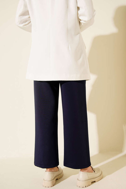 Navy Blue Scuba Pants with Elastic Waistband and Pockets