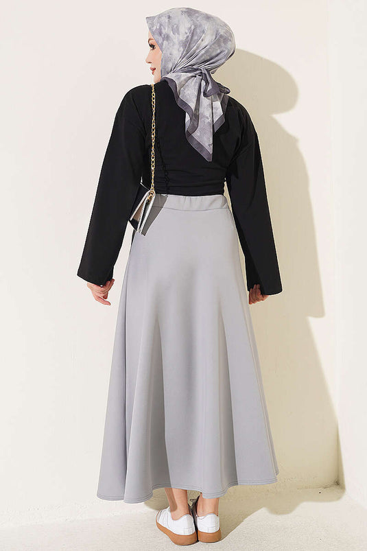 Grey Elasticated Scuba Flared Skirt