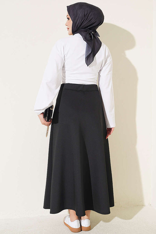 Black Elasticated Scuba Flared Skirt