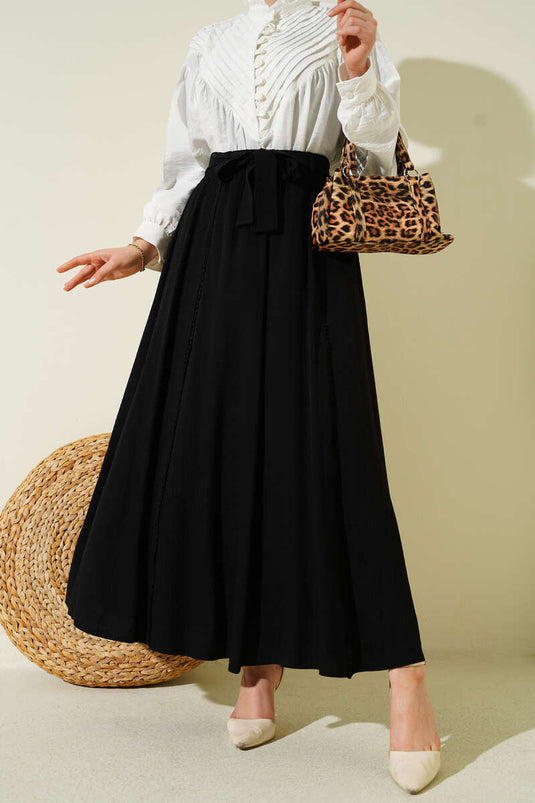 Bel Lastikli Şerit Güpürlü Etek Siyah