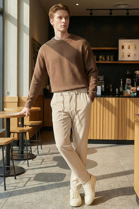 Pantalon homme beige ajusté à taille élastique fine Bel