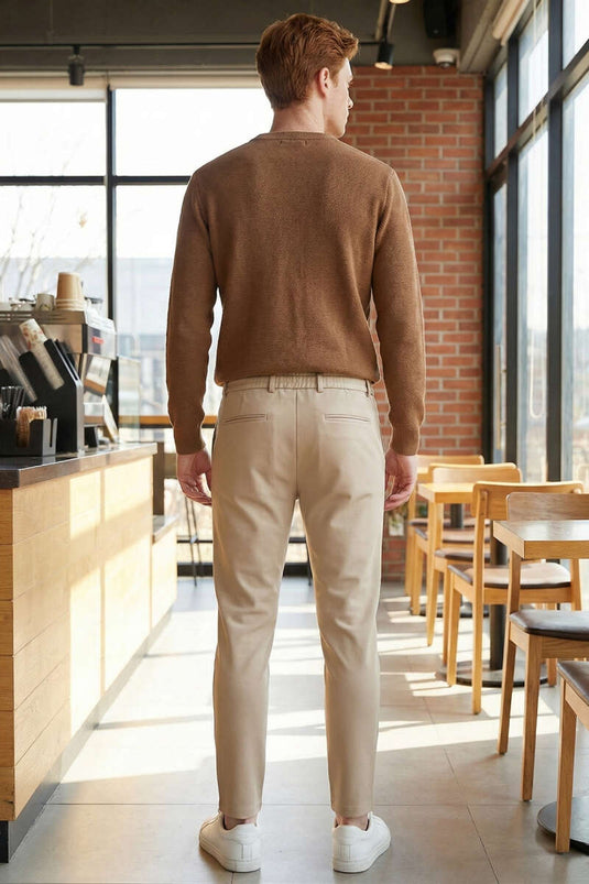 Pantalon homme beige ajusté à taille élastique fine Bel