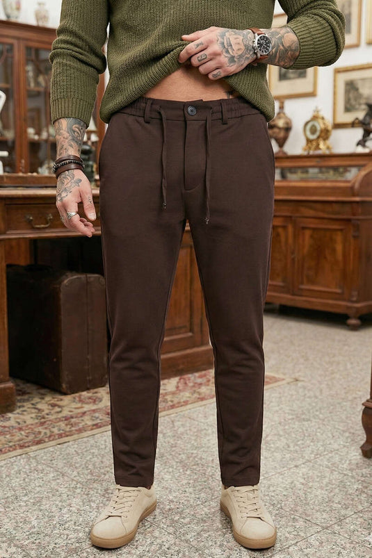Men's Slim Fit Trousers with Waist Elastic Brown