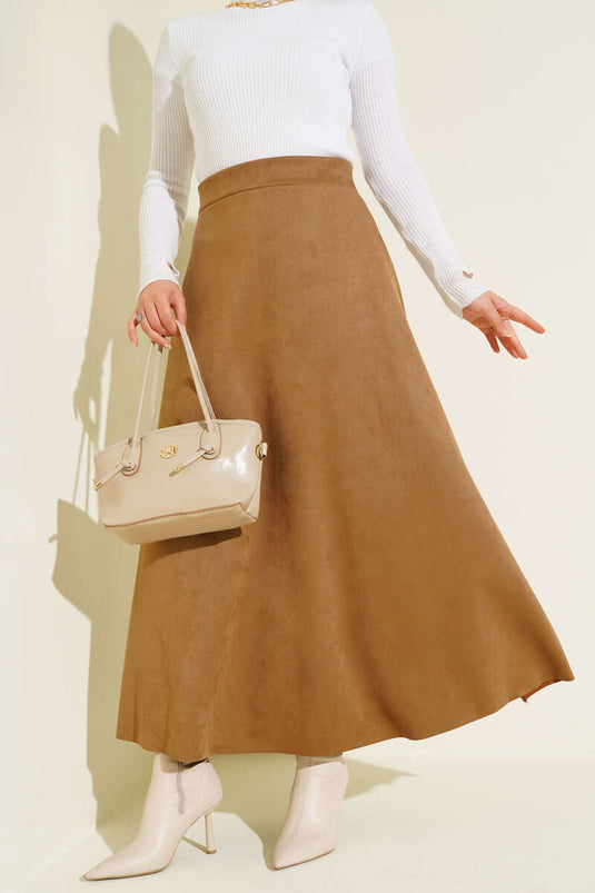 Jupe En Daim Camel À Taille Élastiquée