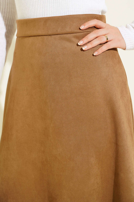 Jupe En Daim Camel À Taille Élastiquée