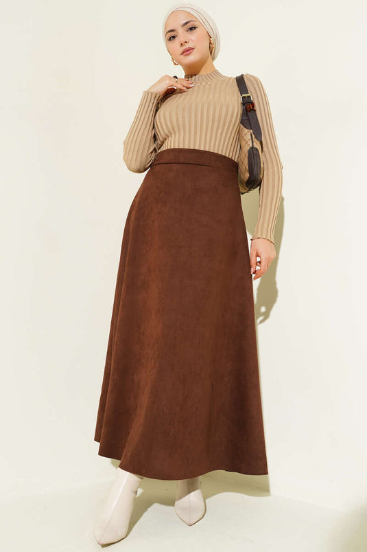 Jupe en daim à ceinture élastique marron