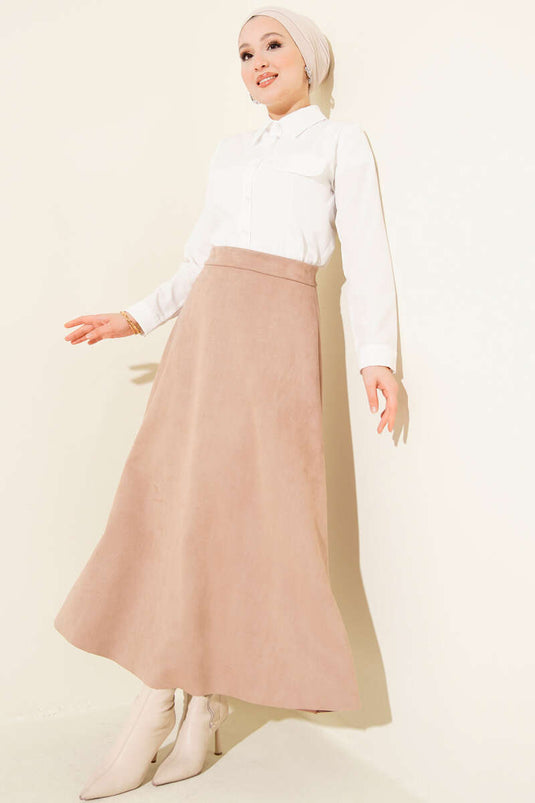 Bel Lastikli Süet Etek Latte