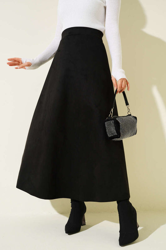 Elastic Waist Suede Skirt Black