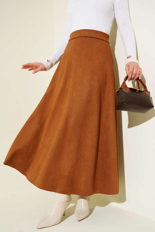 Camel Suède Rok Met Elastische Taille