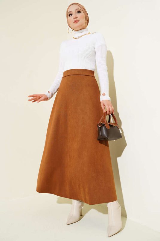 Camel Suède Rok Met Elastische Taille