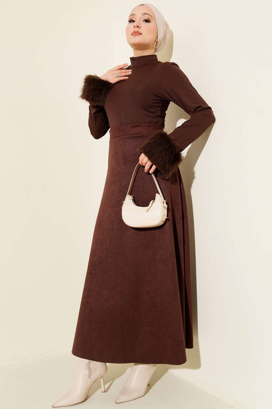 Jupe évasée en suède à ceinture élastique marron foncé