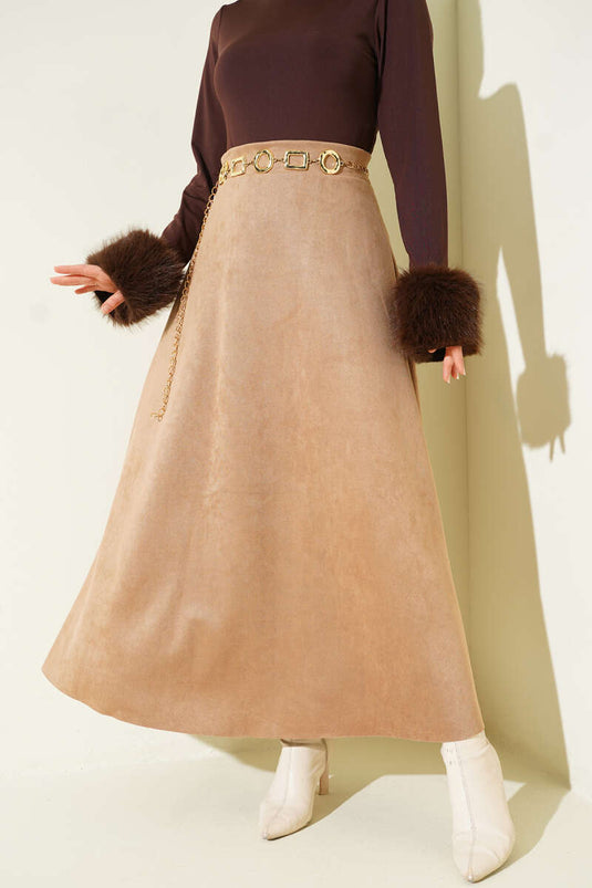 Bel Lastikli Süet Kloş Etek Camel