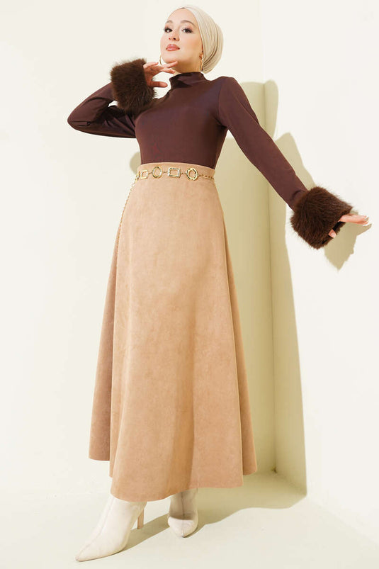 Bel Lastikli Süet Kloş Etek Camel