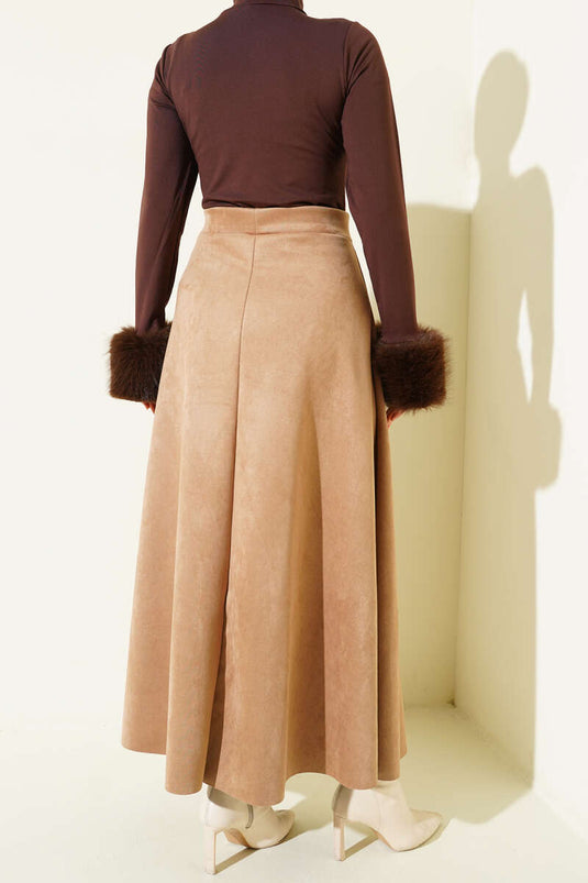 Bel Lastikli Süet Kloş Etek Camel