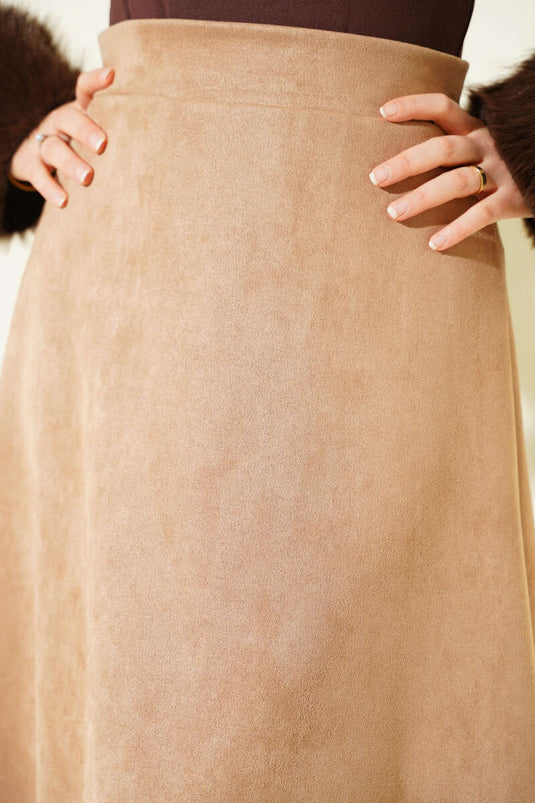 Bel Lastikli Süet Kloş Etek Camel