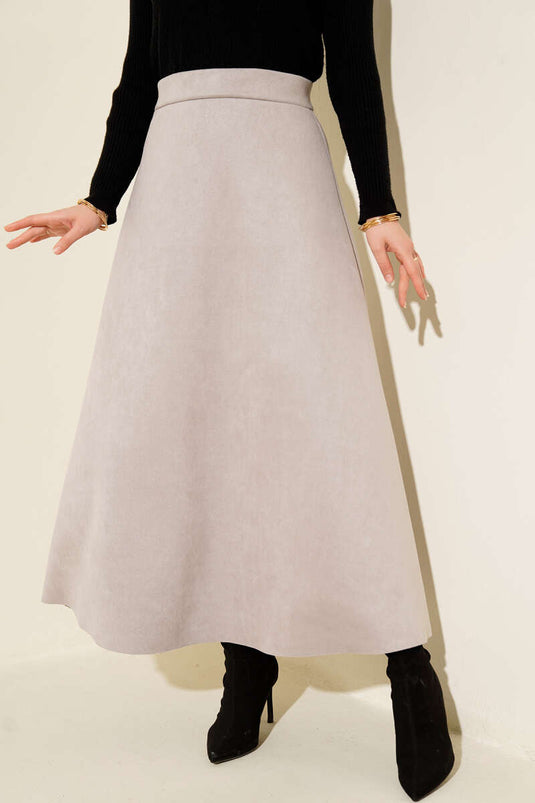 Suede Flared Skirt with Elastic Waistband, Grey
