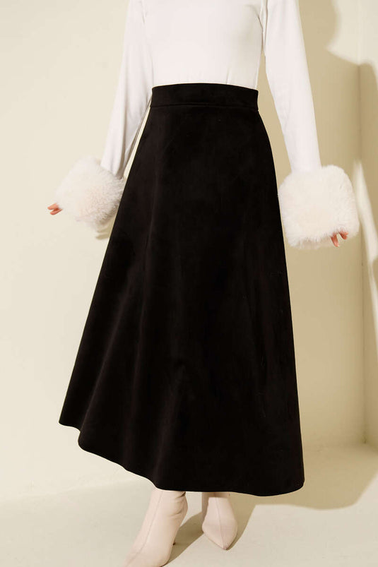 Jupe évasée en daim avec taille élastiquée, noire