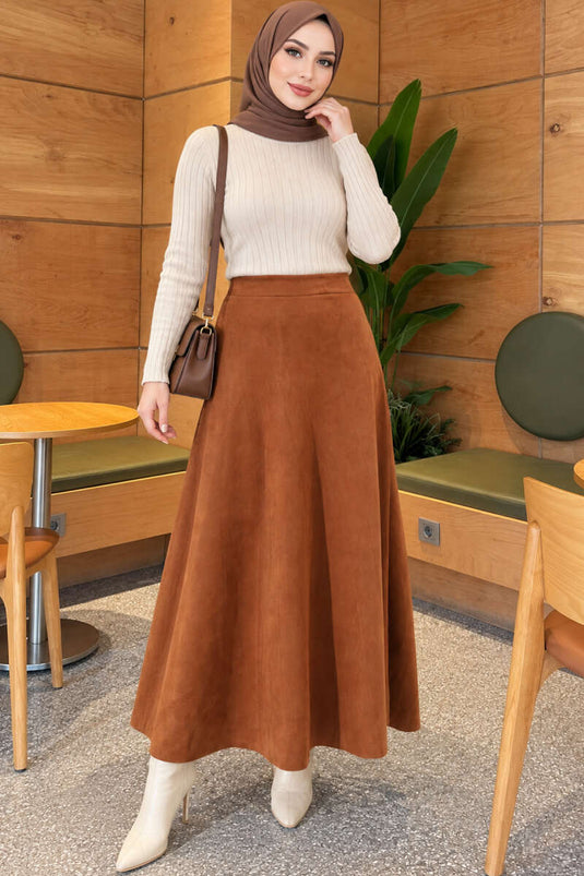 Jupe Évasée En Daim Tannée Avec Taille Élastiquée