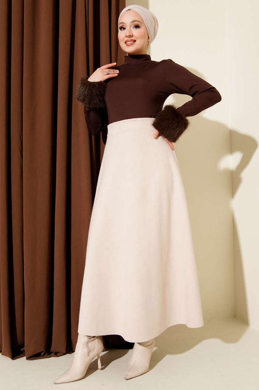 Bel Lastikli Süet Kloş Etek Taş