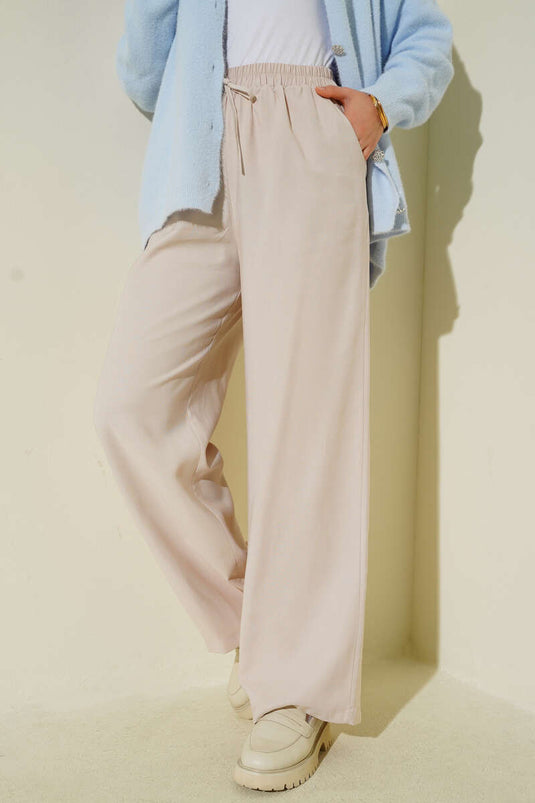 Bel Lastikli Tencel Pantolon Bej