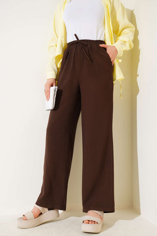 Tencel Pants with Elastic Waistband, Brown